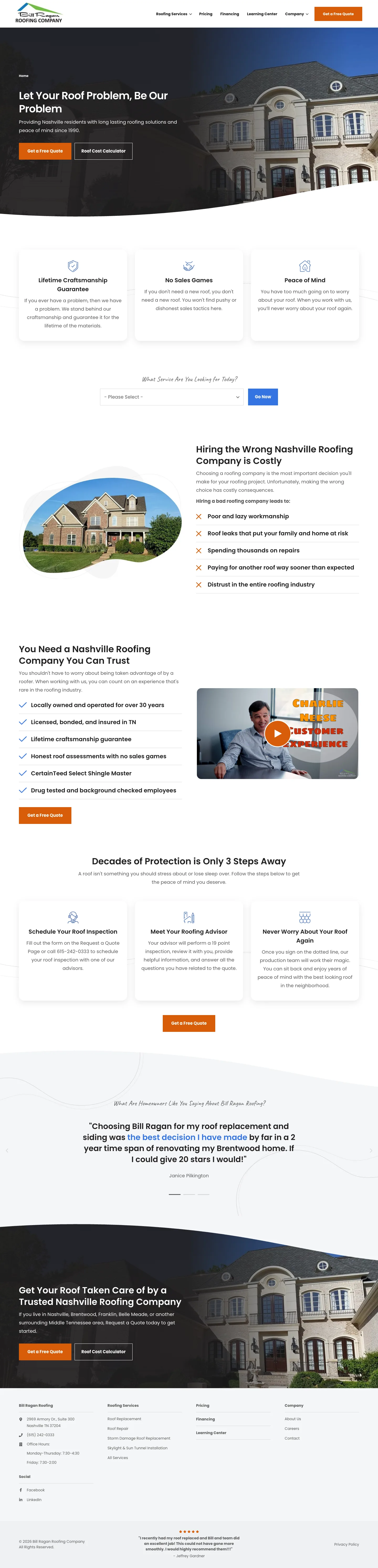 Full-length desktop screenshot of the Bill Ragan Roofing website
