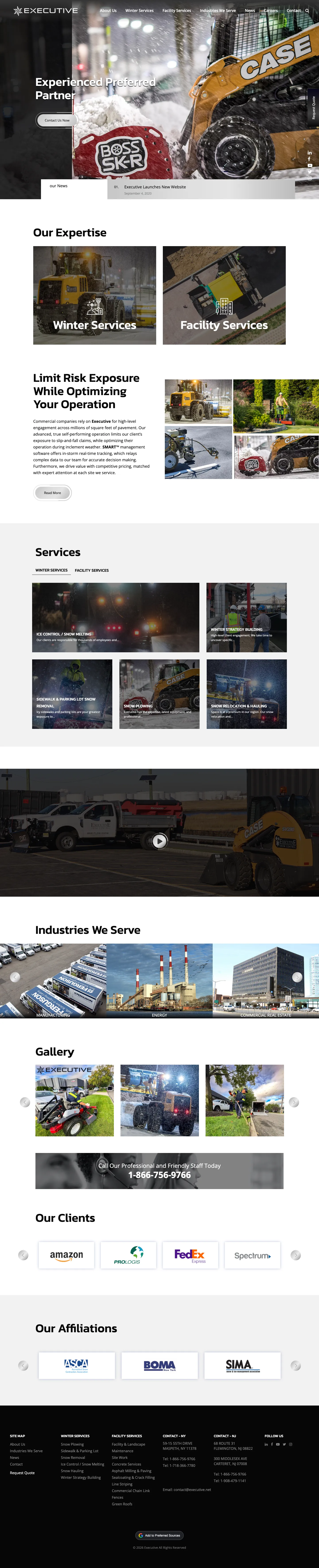 Full-length desktop screenshot of the Executive Snow Control website