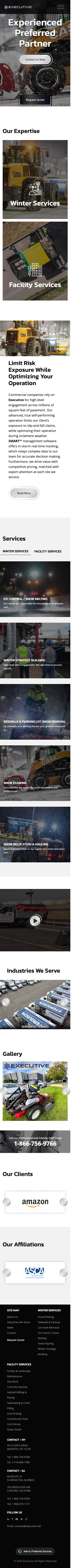 Full-length mobile screenshot of the Executive Snow Control website