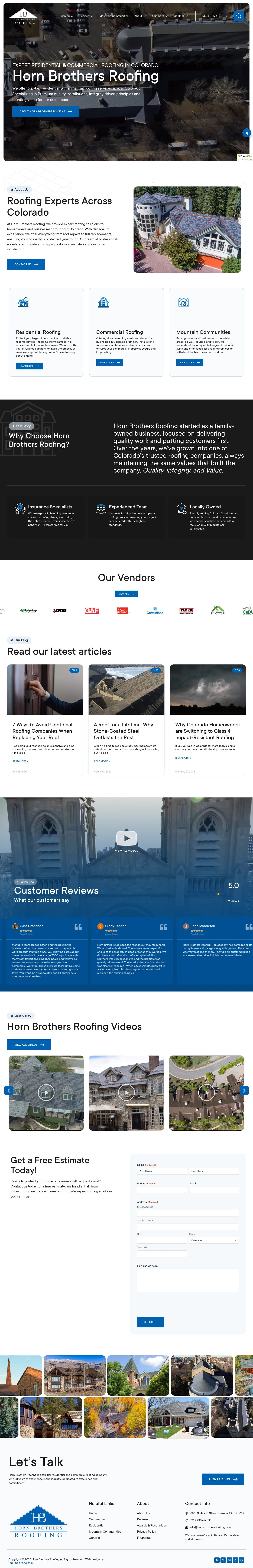 Full-length desktop screenshot of the Horn Brothers Roofing website