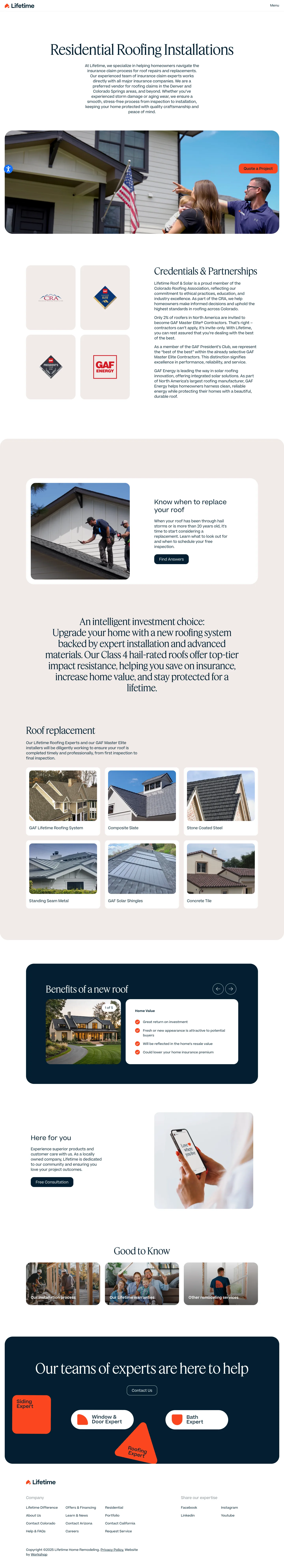 Full-length desktop screenshot of the Lifetime Roof & Solar website