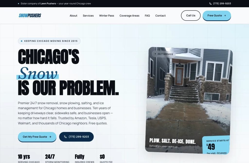 Snow Pushers Chicago website homepage design