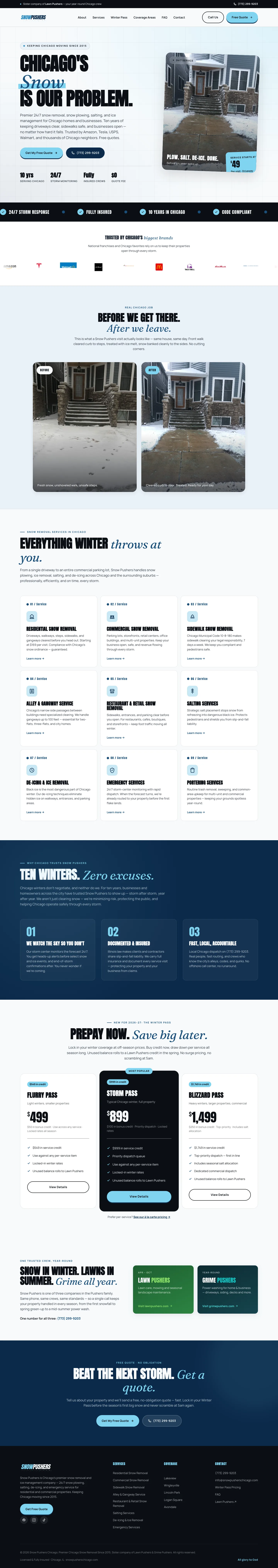 Full-length desktop screenshot of the Snow Pushers Chicago website