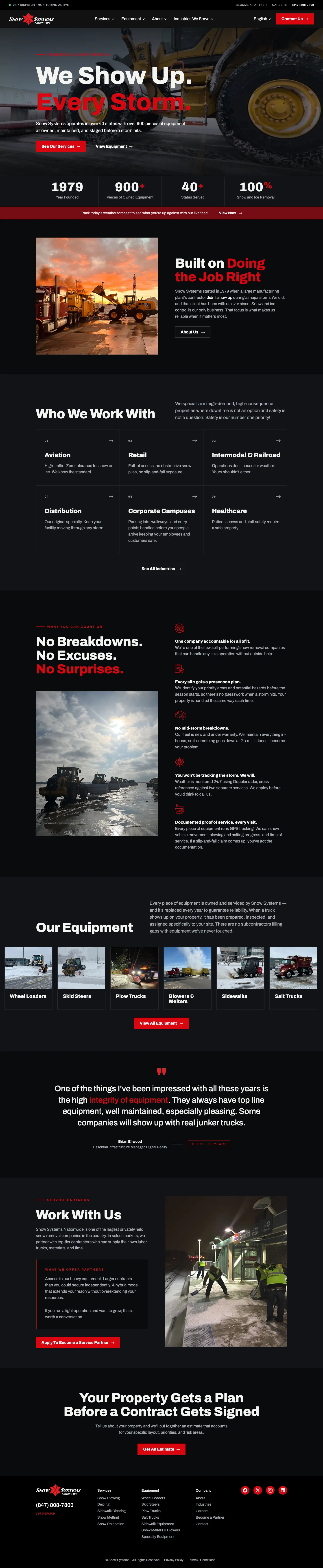 Full-length desktop screenshot of the Snow Systems website