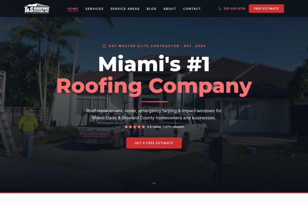 T&S Roofing Systems website homepage design