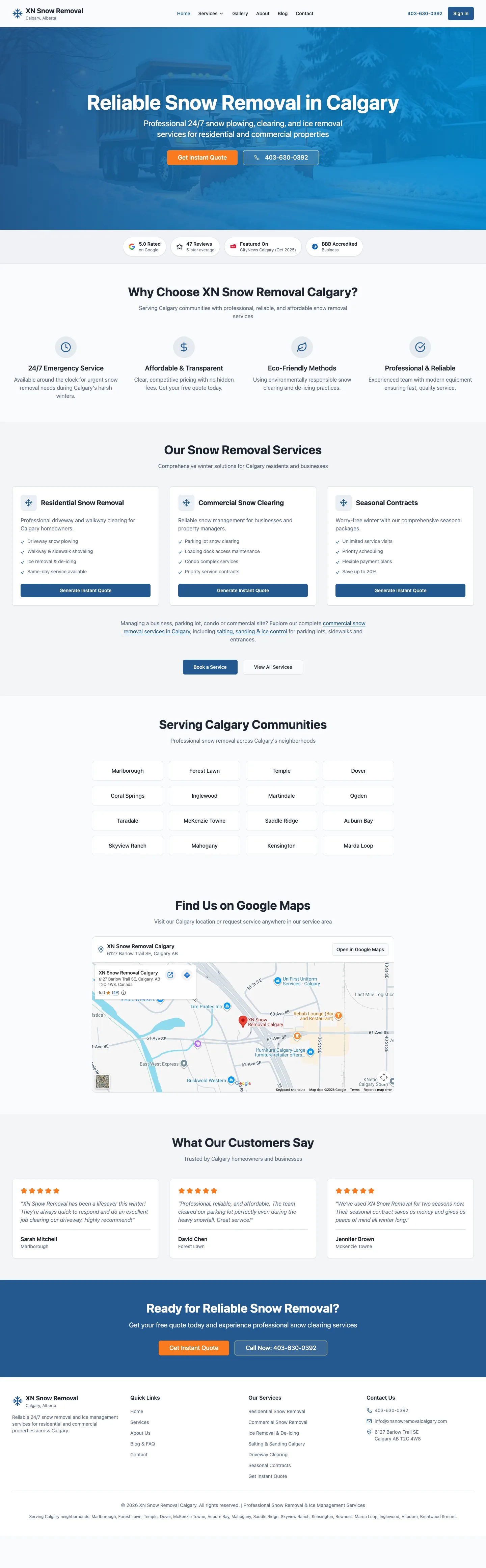 Full-length desktop screenshot of the XN Snow Removal Calgary website